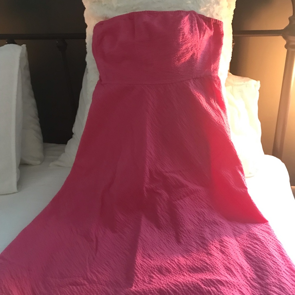 J. Crew pink, seersucker, strapless dress